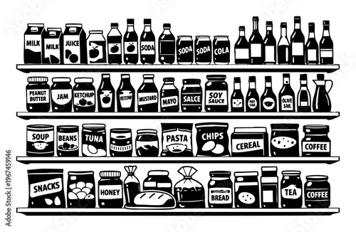 Pantry shelves displaying assorted groceries like milk, juice, sauces, canned goods, pasta, chips, and snacks, representing food storage and shopping
