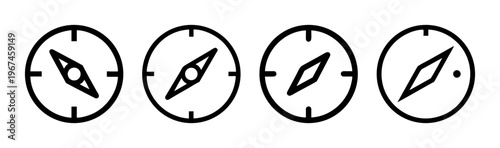 Set of compass icons showing direction, navigation, and travel, symbolizing guidance and exploration.