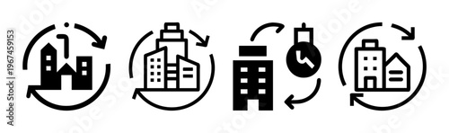 Circular economy icons in a city context, showing industrial and urban cycles.