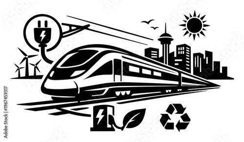 Electric train symbolizing eco-friendly public transport in a smart city powered by wind energy, emphasizing sustainability and recycling