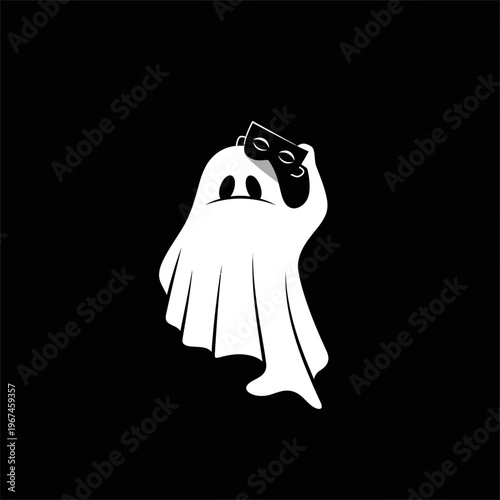 Ghost Holding Mask A Playful and Mysterious Illustration on Black Background.