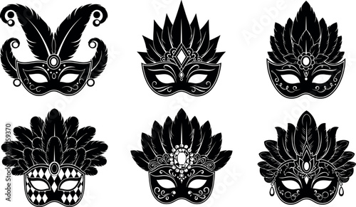 Collection of Hand-drawn Black Silhouette Carnival Masks with Feathers and Gems, Elegant Design for Party and Festival Illustrations