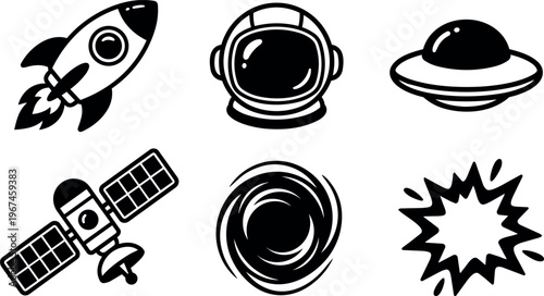 Black and white space icons rocket astronaut helmet ufo satellite black hole explosion vector art