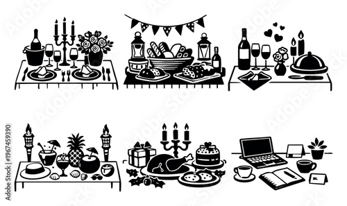 Icons depicting a variety of dining experiences and activities: sophisticated dinner, festive buffet, cozy meal, tropical party, holiday feast, and office work