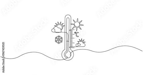 Minimalist weather thermometer icon with sun, clouds, and snowflake elements. no editable stroke