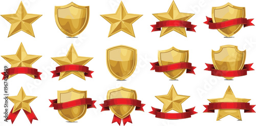 Golden Star and Shield Award Badge Vector Set with Red Ribbon Elements for Achievement Winner Labels Quality Emblems and Premium Recognition Design