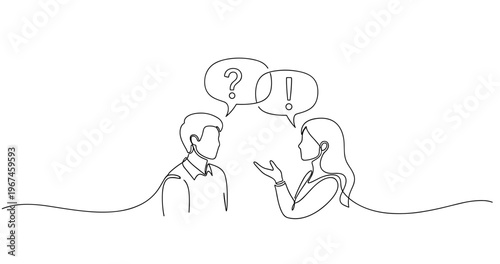 Line art of young caucasian female and male having a conversation with question and exclamation marks. no editable stroke