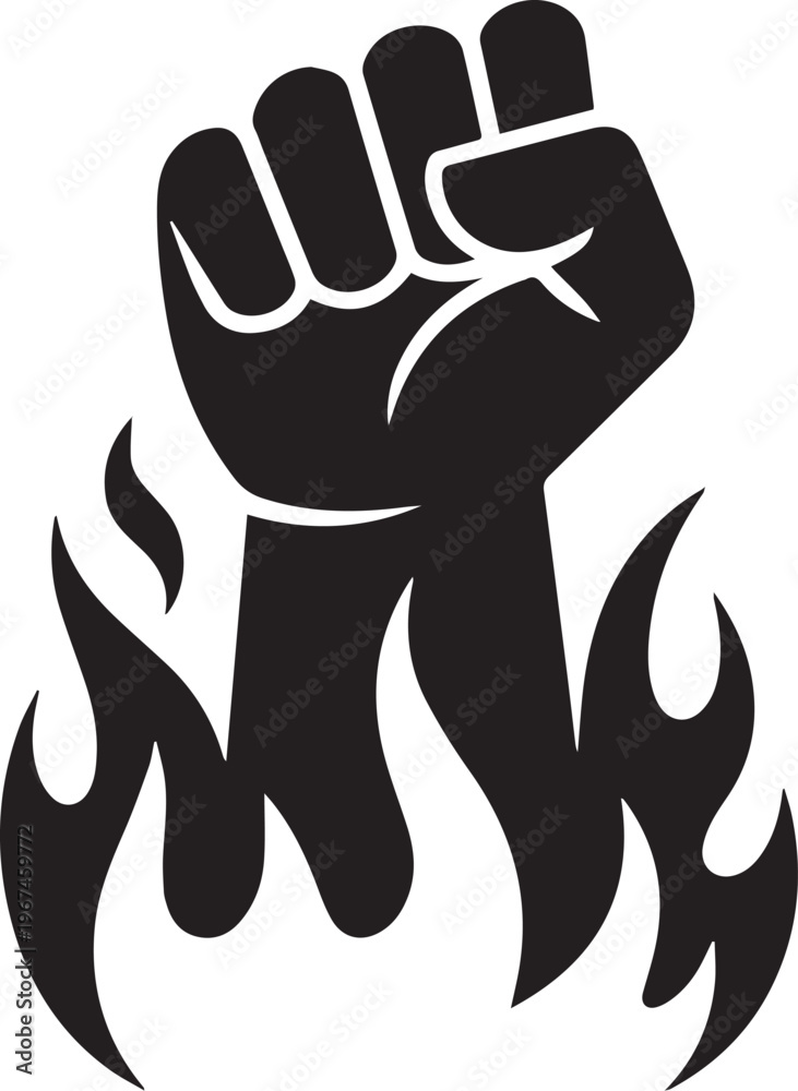 Fototapeta premium Silhouette Empowerment and strength icon with raised fist and flame. Symbol of power, motivation and inner energy. Leadership concepts, personal growth, confidence themes and inspirational business pr