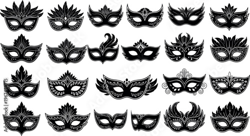 Collection of Intricate Hand-drawn Black Silhouette Carnival Masks, Feathered and Ornate Designs for Party and Festival Illustrations