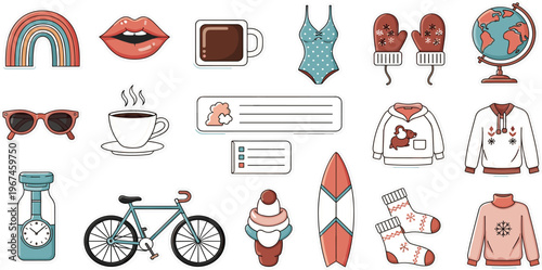 Lifestyle Icon Set with Fashion Food Travel and Seasonal Elements Including Coffee Bicycle Clothing Accessories and Cute Everyday Objects for Modern Design