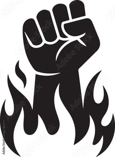 Silhouette Empowerment and strength icon with raised fist and flame. Symbol of power, motivation and inner energy. Leadership concepts, personal growth, confidence themes and inspirational business pr