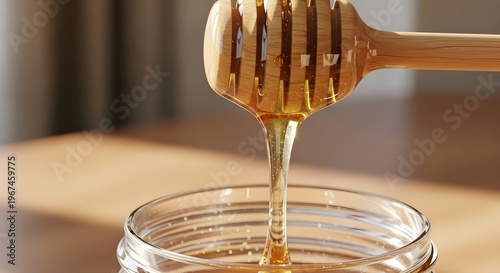 Golden Honey Dripping from Wooden Dipper into Glass Jar