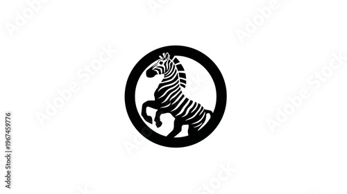 A monochrome illustration features a rearing zebra enclosed within a solid black circular frame
