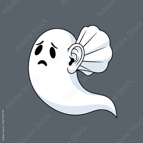 Sad ghost with an ear peeking out from behind its head cartoon style.