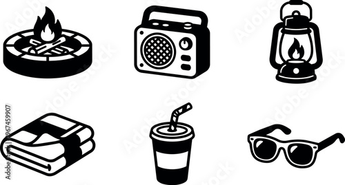 Campfire lantern blanket radio sunglasses and drink cup camping icons vector art
