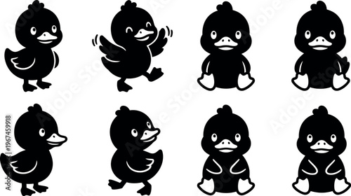 Cartoon ducklings in various poses and expressions
