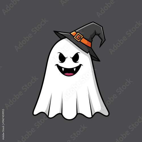 Spooky ghost wearing a witch hat with a sinister grin for Halloween.