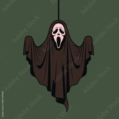 Spooky Ghostface mask hanging a chilling Halloween horror icon.