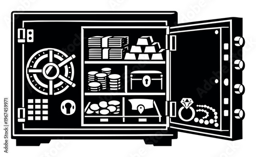 Open strongbox revealing cash, precious metals, coins, and elegant jewelry items inside, representing finance, savings, and assets