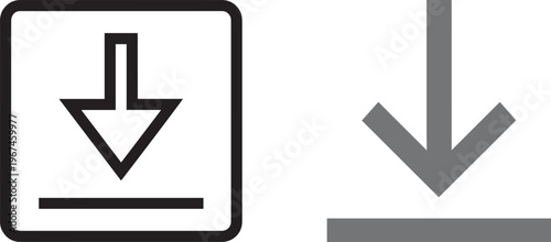 Minimalist download icon set, black and grey arrow symbols for web interface, digital file transfer and storage vector graphics