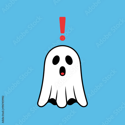 Surprised ghost with exclamation mark above its head on blue background.