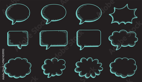 Collection of glowing cyan speech bubbles on dark background