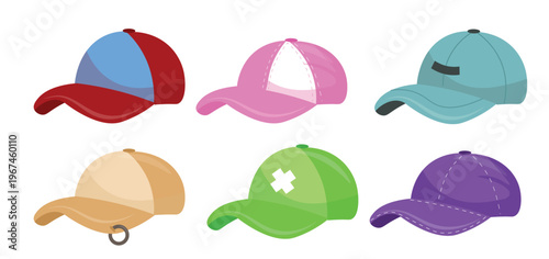 Set colorful trendy baseball caps in cartoon style. Vector illustration of sports hats, baseball caps with visors in different designs, piercings isolated on white background. Sun protection hats.