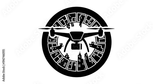 
Delivery Drone with Camera Flying Over Smart City Skyline Inside Circular Grid Framework Representing Aerial Surveillance, Future Urban Lo