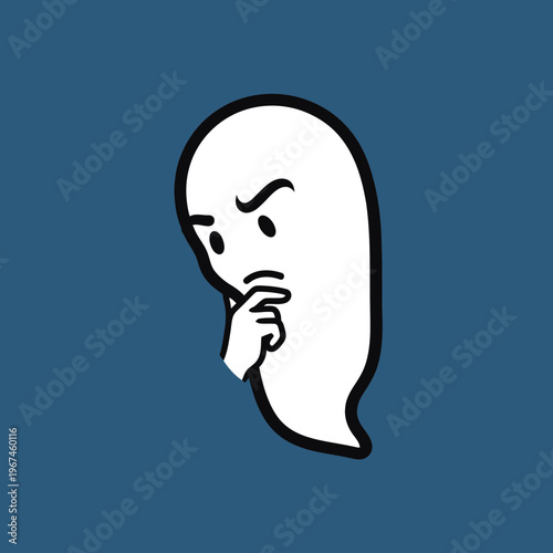 Thoughtful ghost character pondering with hand on chin against blue background.
