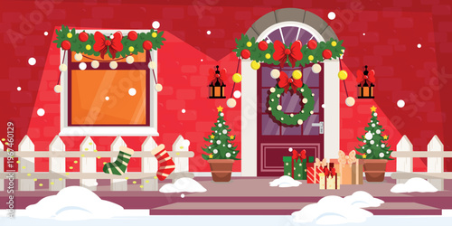 Vector illustration of a Christmas house facade. Cartoon scene of the exterior of the house decorated for the New Year holidays: Christmas tree pots, wreath, garlands, lanterns, gifts on the porch.