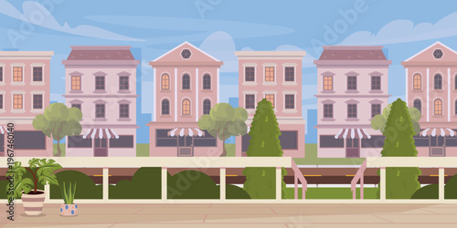 Vector illustration of city houses facades. Cartoon scene landscape with beautiful buildings, windows of different shapes, canopies over doors, road, railings, stairs, bushes, trees, flowerpots.