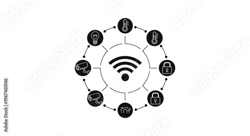 Smart Home Automation Network Icon with Central Wi-Fi Hub Connected to CCTV Security Cameras, Temperature Sensor, Lighting Control, and Smart Lock Symbols for IoT System