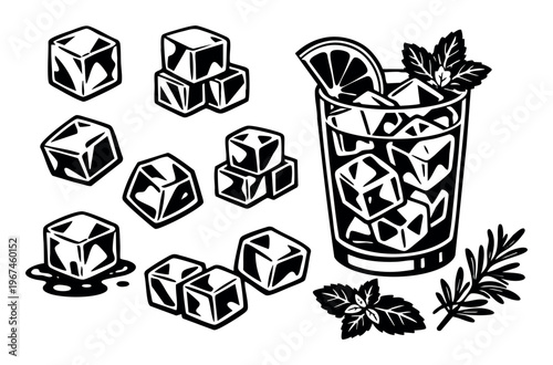 Refreshing chilled drink with ice, mint, and lemon slice in a glass. Separate ice cubes, some melting, ready for beverage