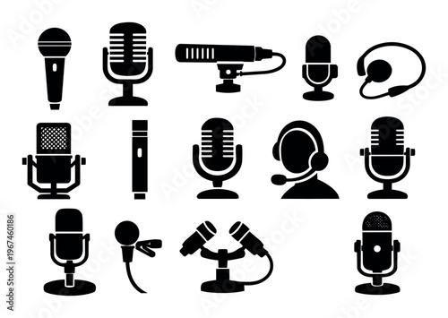 Microphones and headsets set illustrating various audio recording, broadcasting, radio, and podcasting equipment