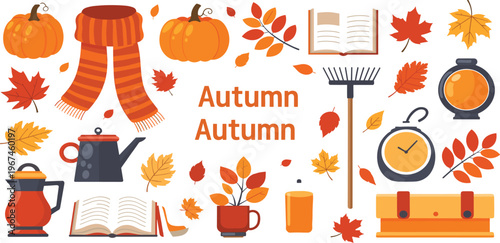 Autumn Season Vector Illustration Set with Pumpkins Falling Leaves Scarf Books Coffee Teapot Clock and Cozy Fall Elements for Harvest and Thanksgiving Design