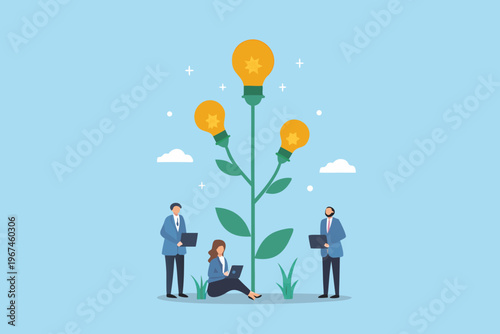 Growing ideas people nurturing lightbulb plants representing innovation and success