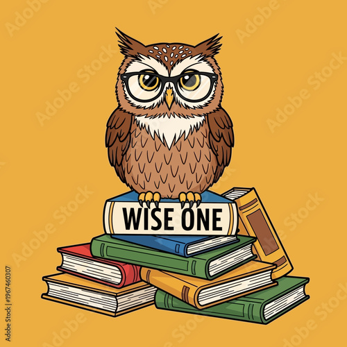 Wise owl wearing glasses sitting on top of a stack of books.