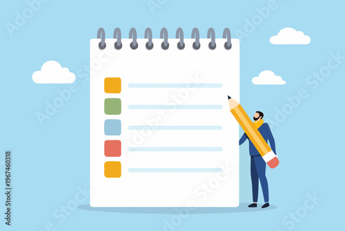 A miniature man checks off items on a notepad with a large pencil