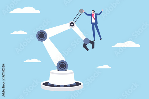 Man propelled upwards by a robotic arm symbolizing innovation and progress