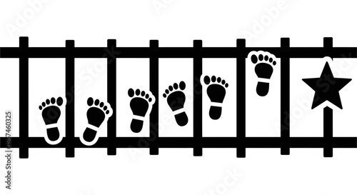 Footprints Walking on Railway Track Toward a Star Symbolizing Goal Achievement, Career Path Progress, Personal Growth Journey, Future Success, and Step by Step Target Concept Icon