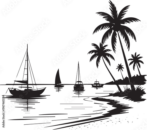 Silhouette kinds of Tropical beach with boats ink sketch vector illustration No Background