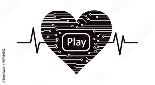 Digital Heart Icon with Electronic Circuit Board Pattern, Heartbeat Pulse Line, and Play Button Representing Techno Music, Medical Cybernetics, Artificial Life, and Love for Technology