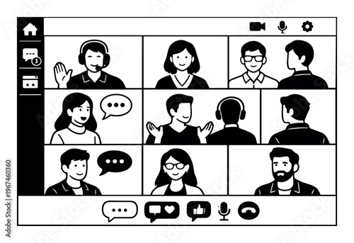 Group of online participants collaborating and interacting for video conferences, webinars, or team discussions