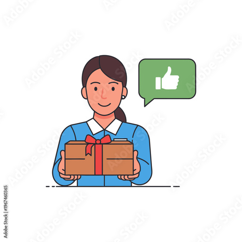 Woman holding gift box with a red ribbon and a green thumbs up icon.