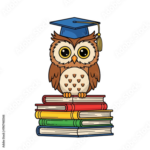 Wise owl wearing graduation cap perched atop colorful stack of books.