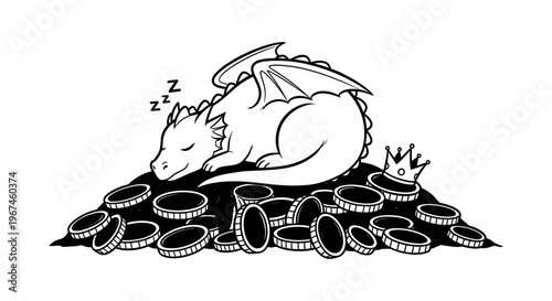 Cute Little Dragon Sleeping on Pile of Gold Coins and Crown, Fantasy Mythical Creature Guarding Treasure Hoard, Magical Fairy Tale Character, Funny Cartoon Outline Vector Illustration