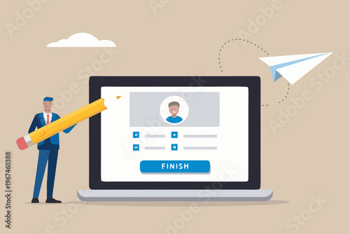 Man with oversized pencil launching a paper airplane from a laptop