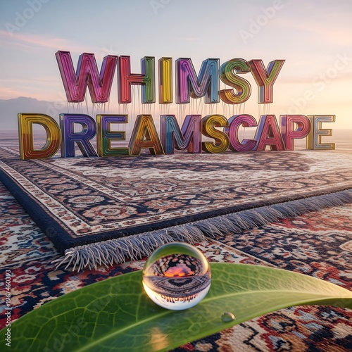 Whimsical Dreamscape Surreal Art with Colorful Letters on a Persian Rug at Sunset