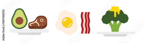 Keto diet food set with avocado steak egg bacon and broccoli with cheese