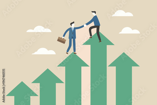 Two businessmen helping each other climb ascending green arrows symbolizing growth
